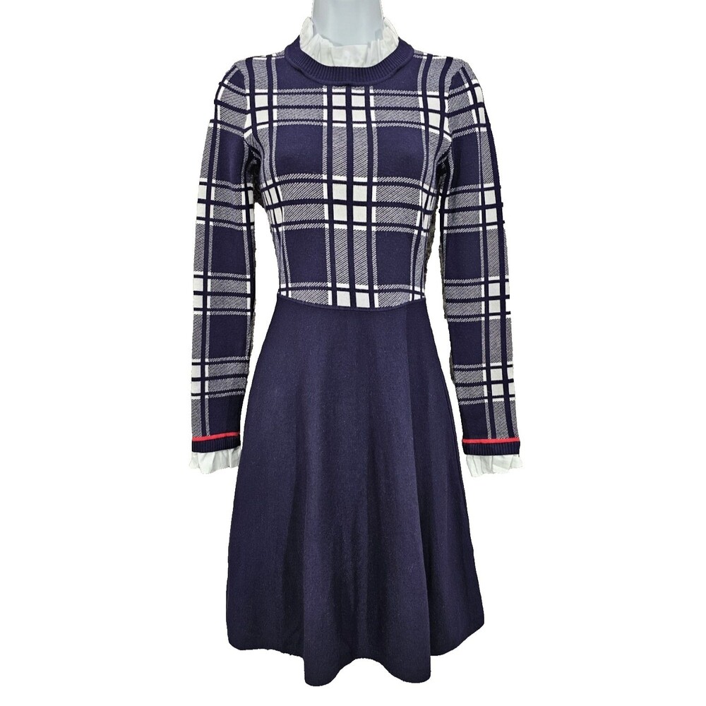 Navy Blue Plaid Ruffle Sweater Dress XS Fit Flare Preppy Twee Academia Clueless